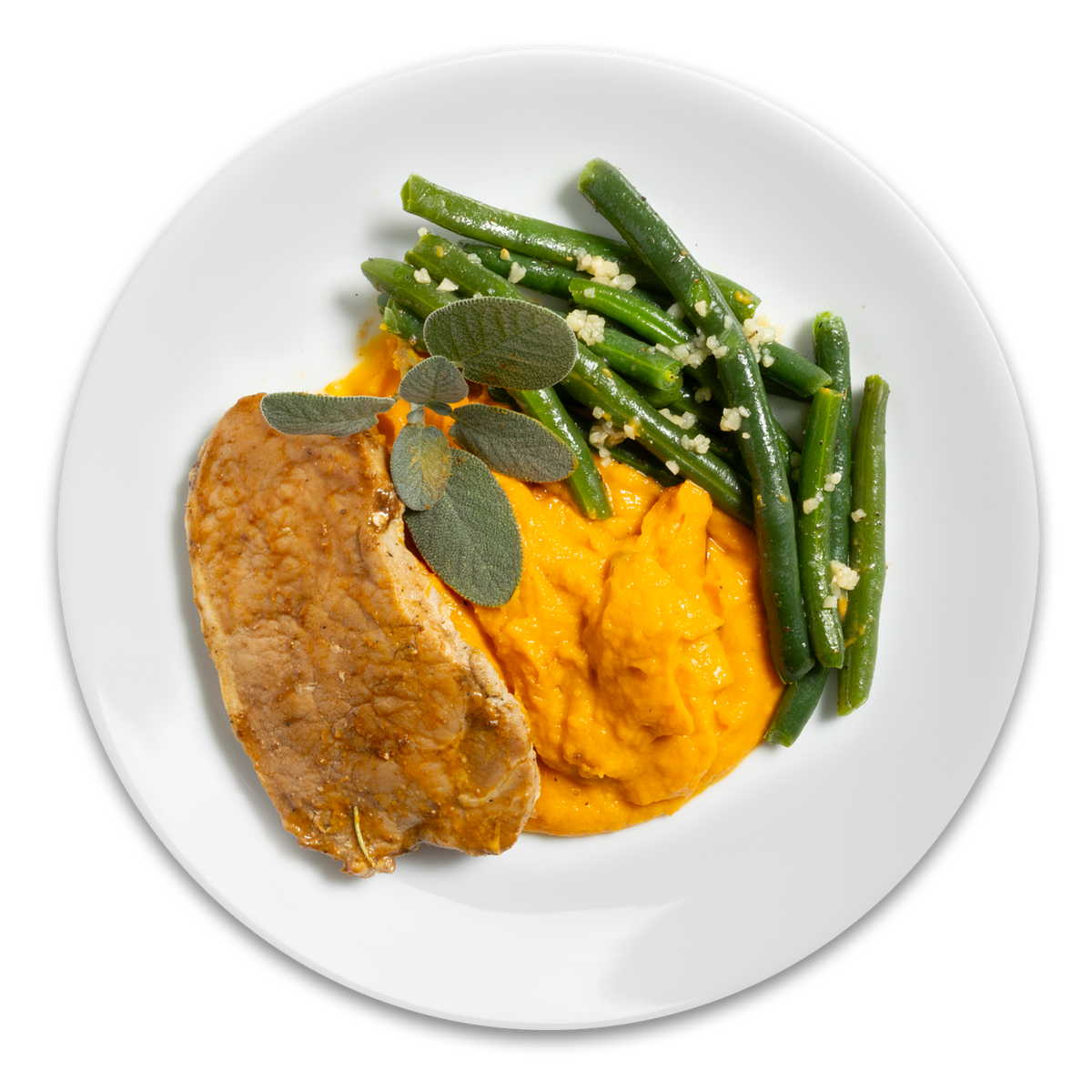 sage-mustard-pork-chop-with-sweet-potato-mash-green-beans