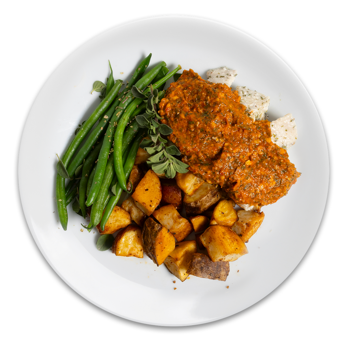Mahi Mahi with Romesco Sauce, Roasted Potatoes & Herb Green Beans