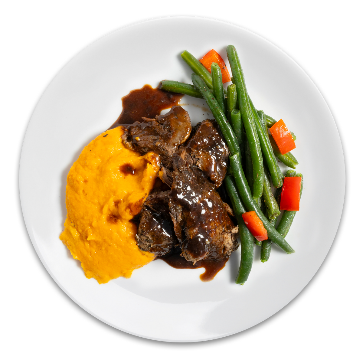 Braised Beef with Brown Butter Mashed Sweet Potatoes & Herbed Green Be ...