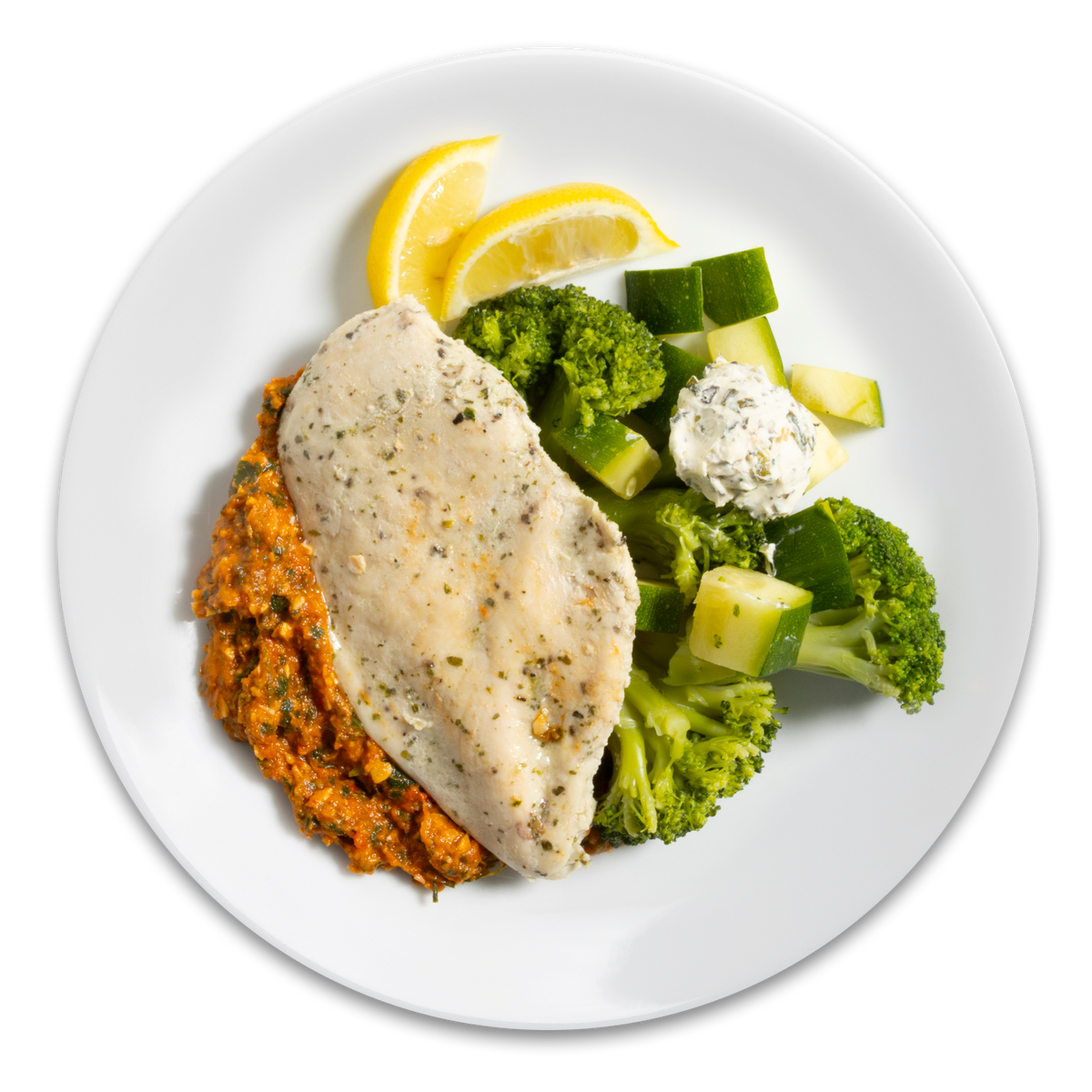 Romesco Baked Chicken with Lemon-Basil Broccoli & Zucchini – ModifyHealth